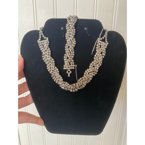 1950s rhinestone necklace and bracelet braided choker wedding prom 50s jewelry - Picture 6 of 8